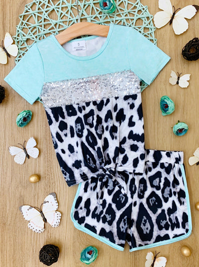 Girls Spring Outfits | Leopard Sequin Colorblock Jogger Shorts Set