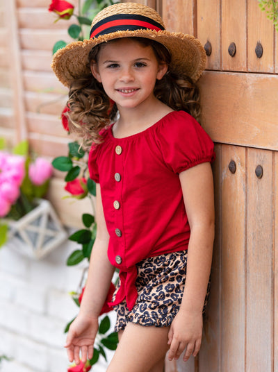 Girls Button Down Knot Hem Top and Leopard Ruffle Shorts Set