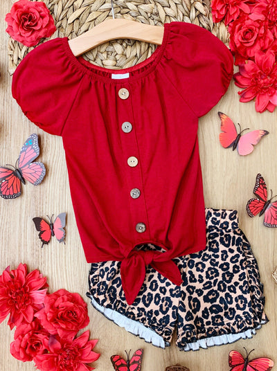 Girls Button Down Knot Hem Top and Leopard Ruffle Shorts Set