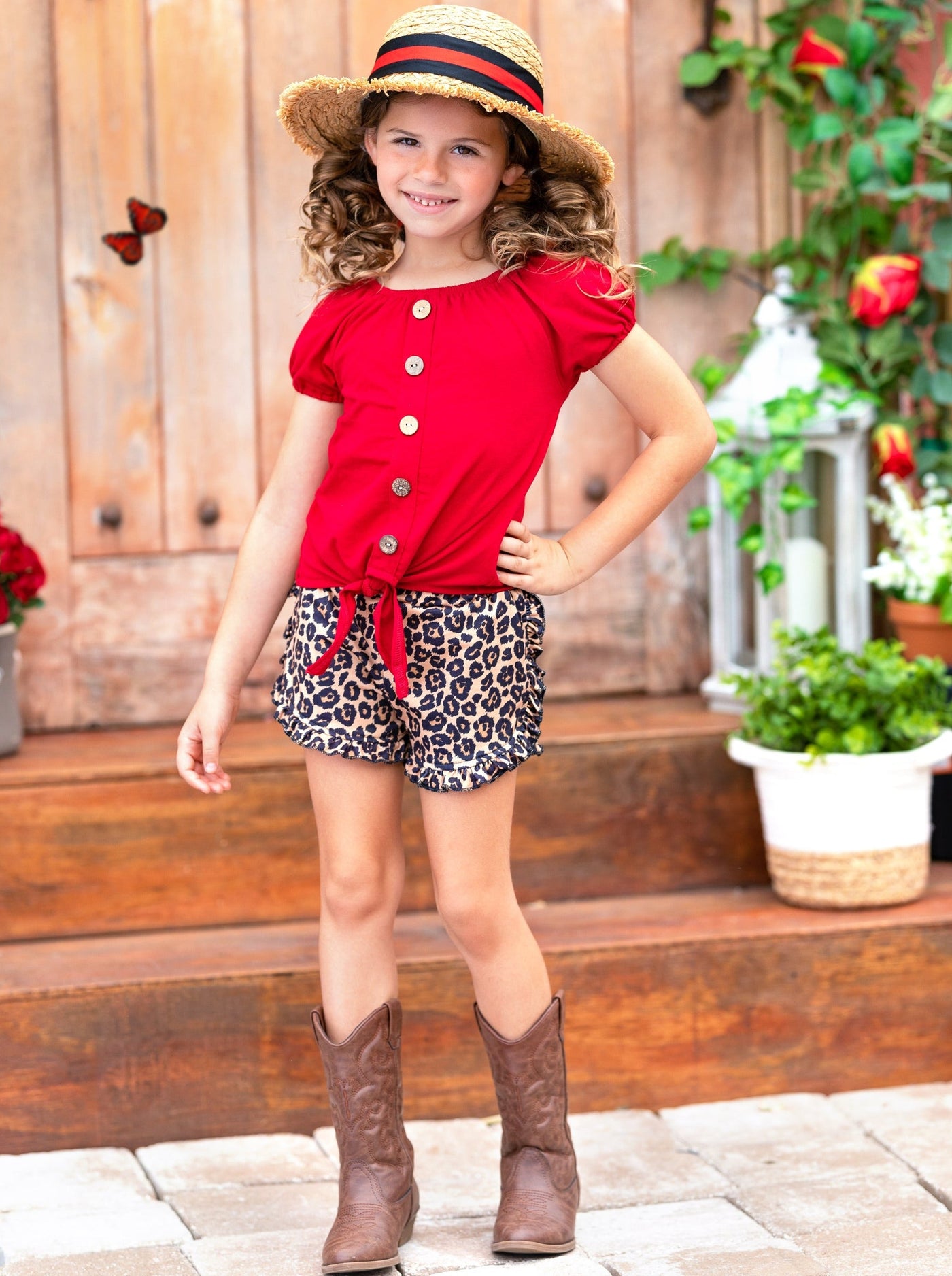 Girls Button Down Knot Hem Top and Leopard Ruffle Shorts Set