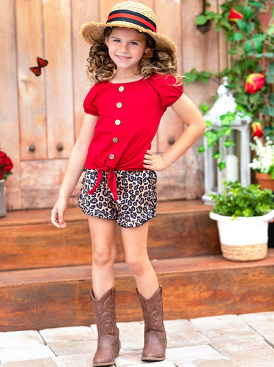 Girls Button Down Knot Hem Top and Leopard Ruffle Shorts Set