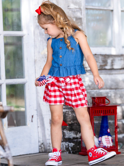 Toddler Spring Outfits | Girls Chambray Tank Top & Gingham Shorts Set