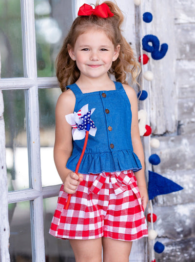 Toddler Spring Outfits | Girls Chambray Tank Top & Gingham Shorts Set