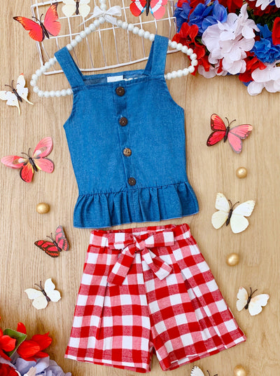 Toddler Spring Outfits | Girls Chambray Tank Top & Gingham Shorts Set