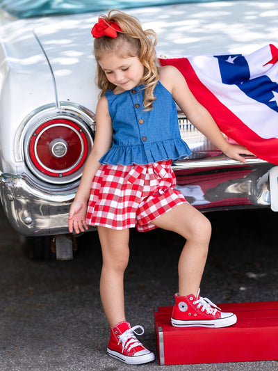 Toddler Spring Outfits | Girls Chambray Tank Top & Gingham Shorts Set