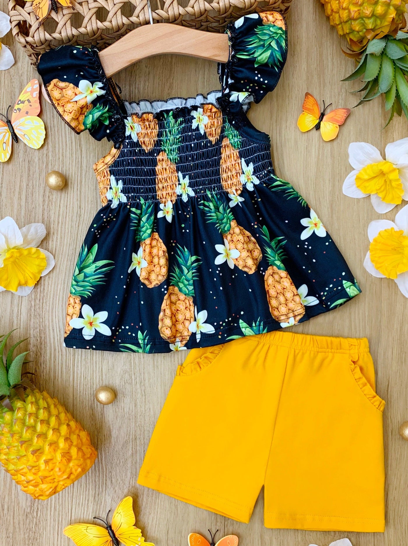 Girls Pineapple Princess Sleeveless Smock Top and Midi Shorts Set