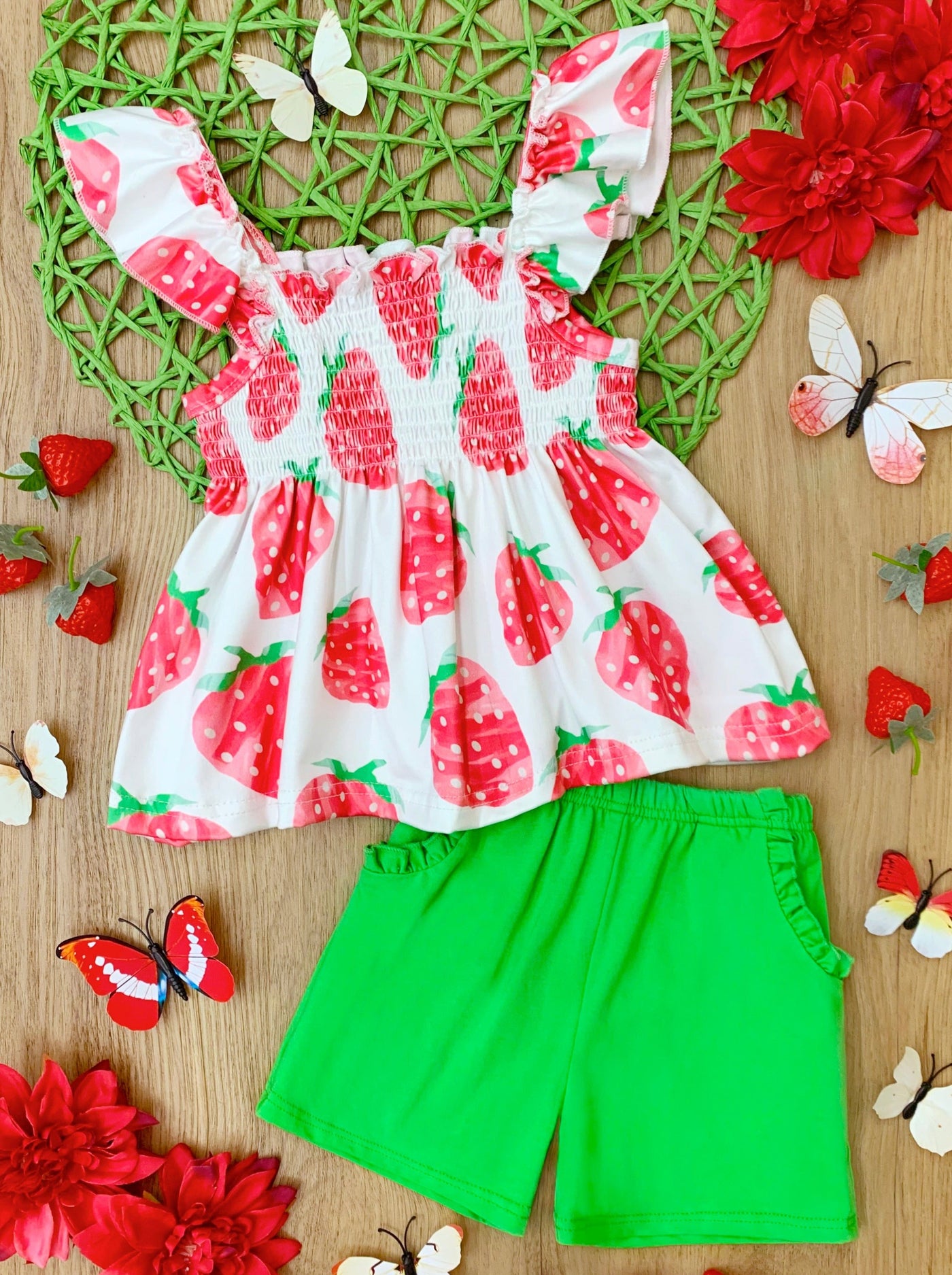 Spring Toddler Outfit | Girls Strawberry Smock Top & Midi Shorts Set