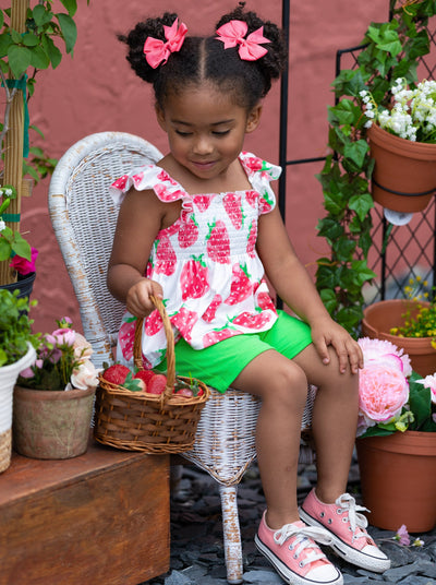 Spring Toddler Outfit | Girls Strawberry Smock Top & Midi Shorts Set