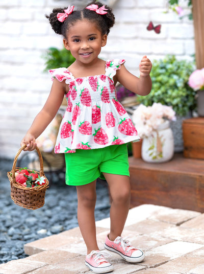 Spring Toddler Outfit | Girls Strawberry Smock Top & Midi Shorts Set
