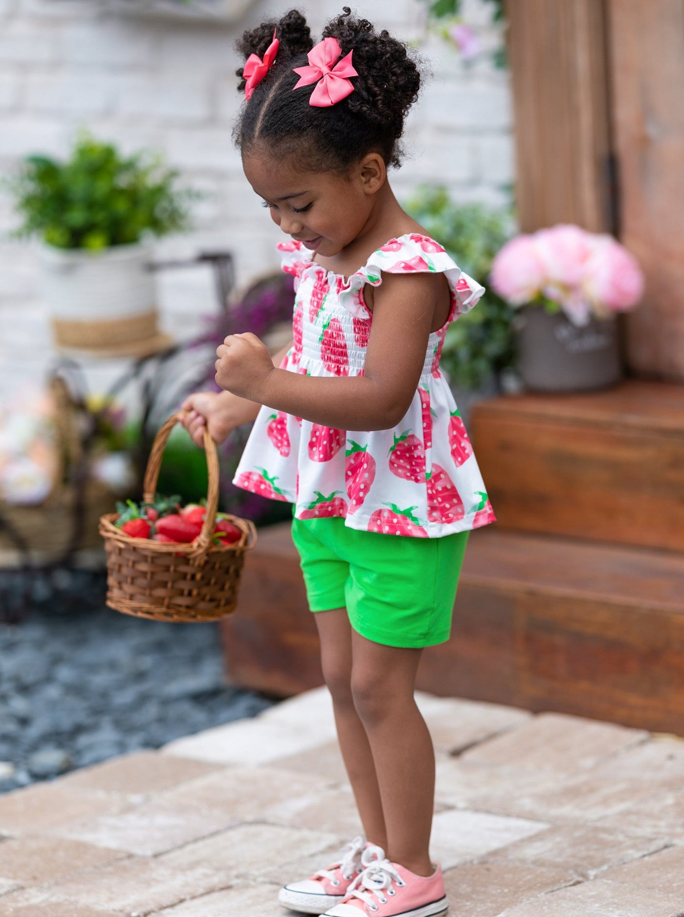 Spring Toddler Outfit | Girls Strawberry Smock Top & Midi Shorts Set