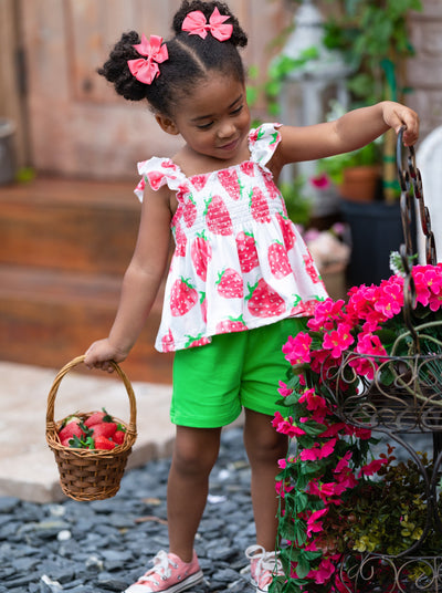 Spring Toddler Outfit | Girls Strawberry Smock Top & Midi Shorts Set