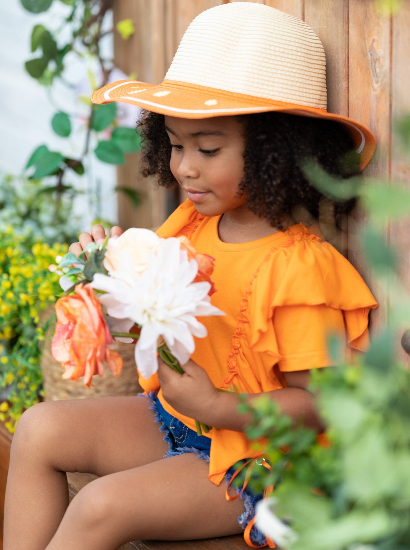 Spring Toddler Outfit | Girls Orange Ruffle Top & Denim Shorts Set