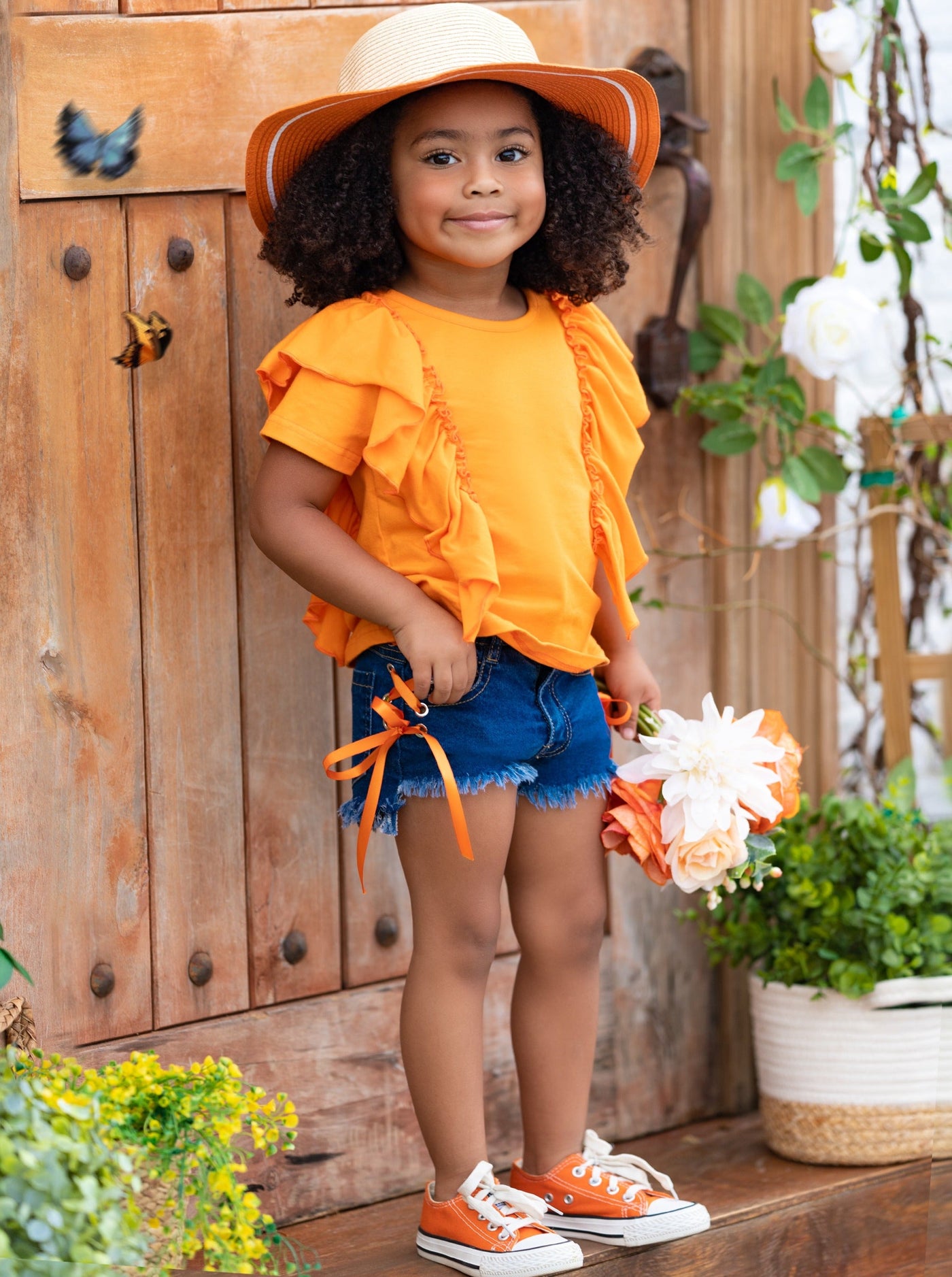 Spring Toddler Outfit | Girls Orange Ruffle Top & Denim Shorts Set