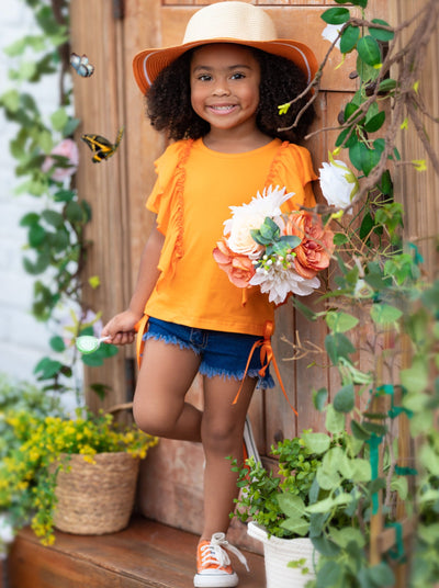Spring Toddler Outfit | Girls Orange Ruffle Top & Denim Shorts Set