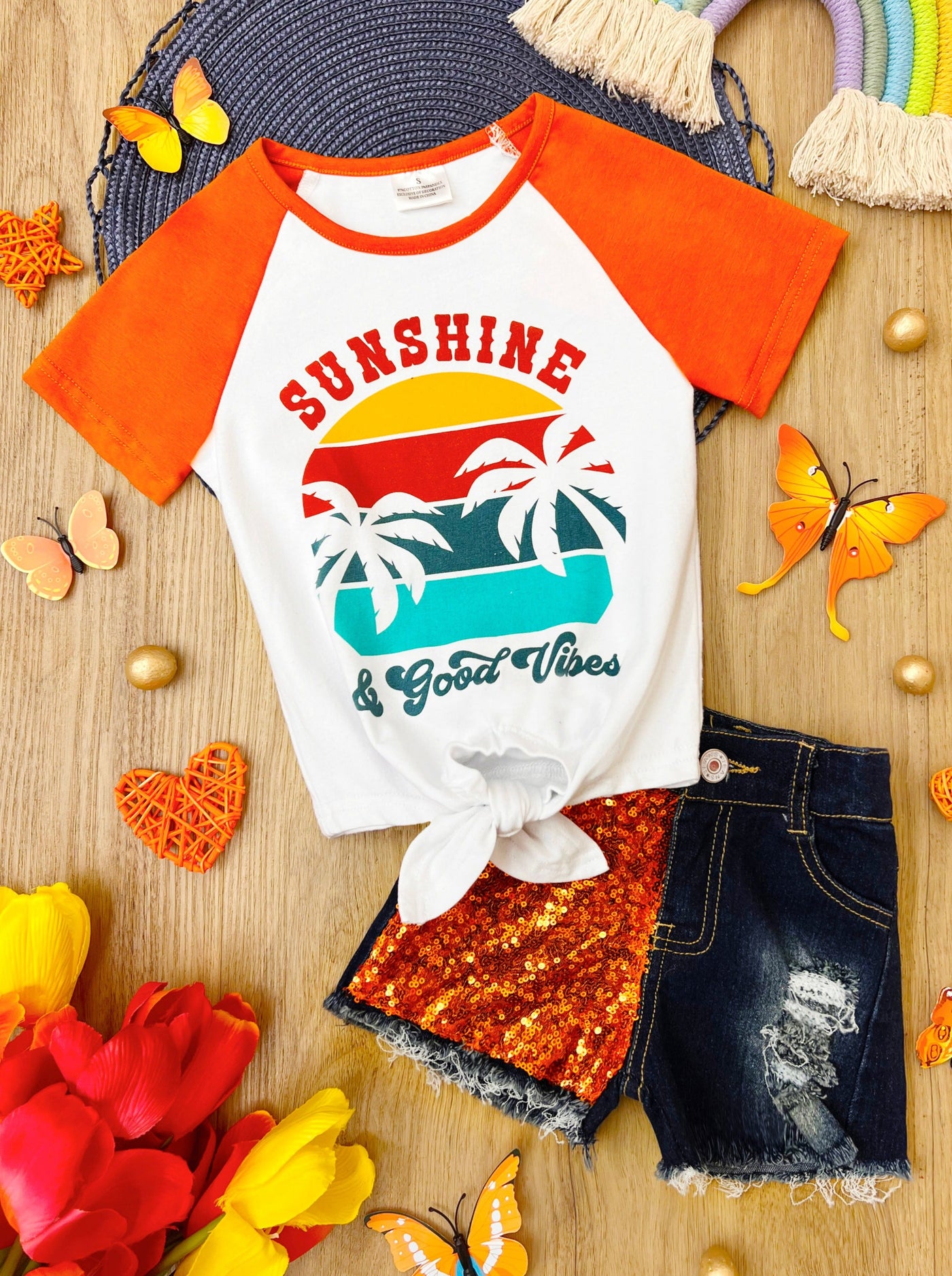 Girls Spring Outfits | Raglan Knot Hem Top & Patched Denim Short Set