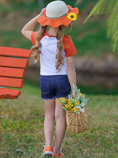 Girls Spring Outfits | Raglan Knot Hem Top & Patched Denim Short Set