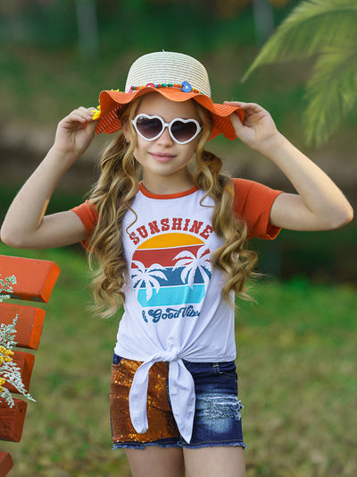 Girls Spring Outfits | Raglan Knot Hem Top & Patched Denim Short Set