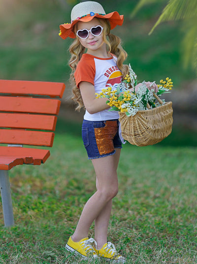 Girls Spring Outfits | Raglan Knot Hem Top & Patched Denim Short Set