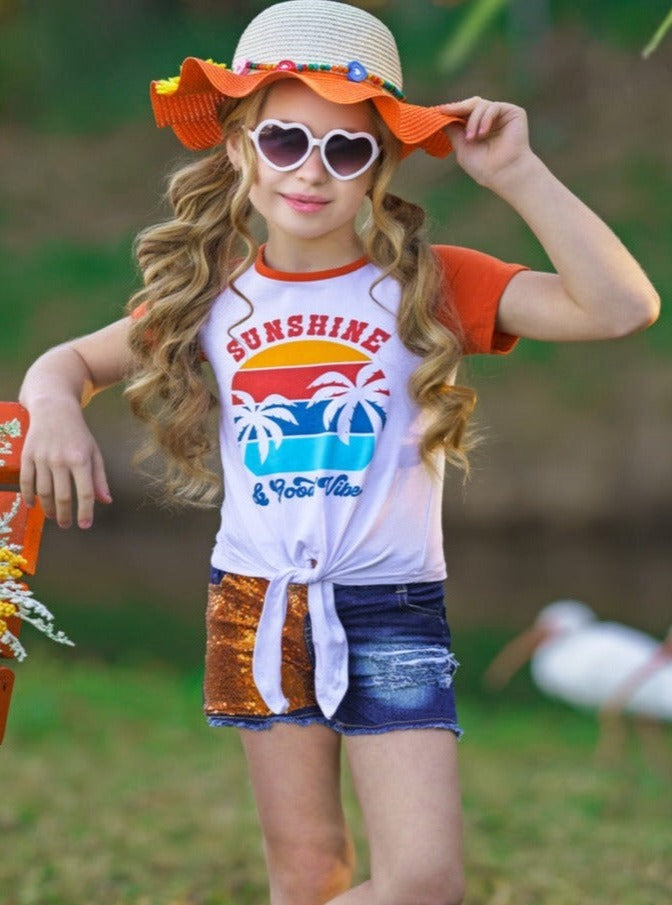 Girls Spring Outfits | Raglan Knot Hem Top & Patched Denim Short Set