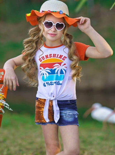 Girls Spring Outfits | Raglan Knot Hem Top & Patched Denim Short Set