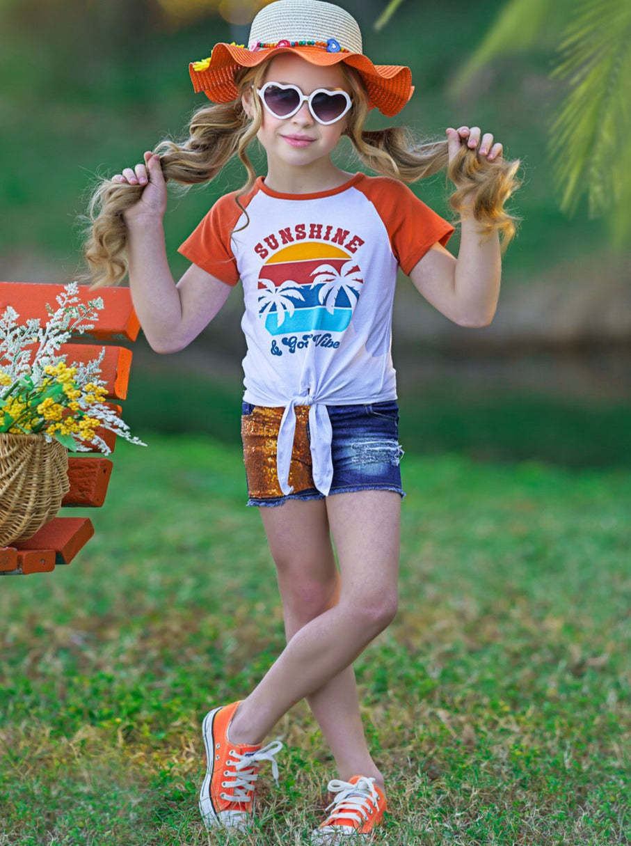 Girls Spring Outfits | Raglan Knot Hem Top & Patched Denim Short Set