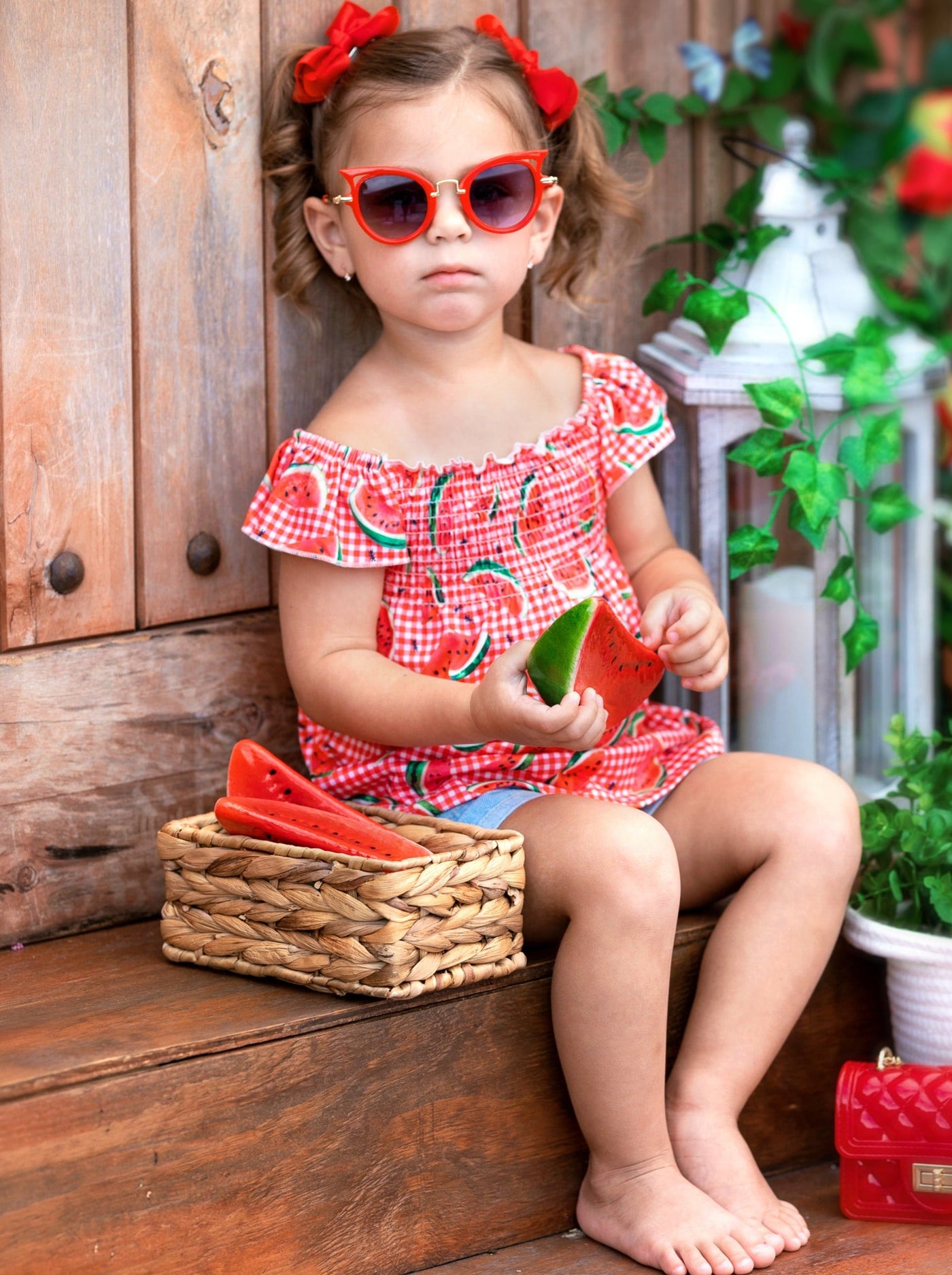 Spring Outfits | Girls Watermelon Plaid Smocked Top & Denim Shorts Set