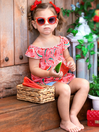 Spring Outfits | Girls Watermelon Plaid Smocked Top & Denim Shorts Set