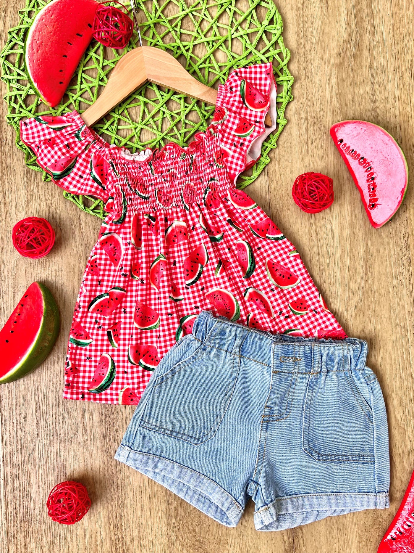 Spring Outfits | Girls Watermelon Plaid Smocked Top & Denim Shorts Set