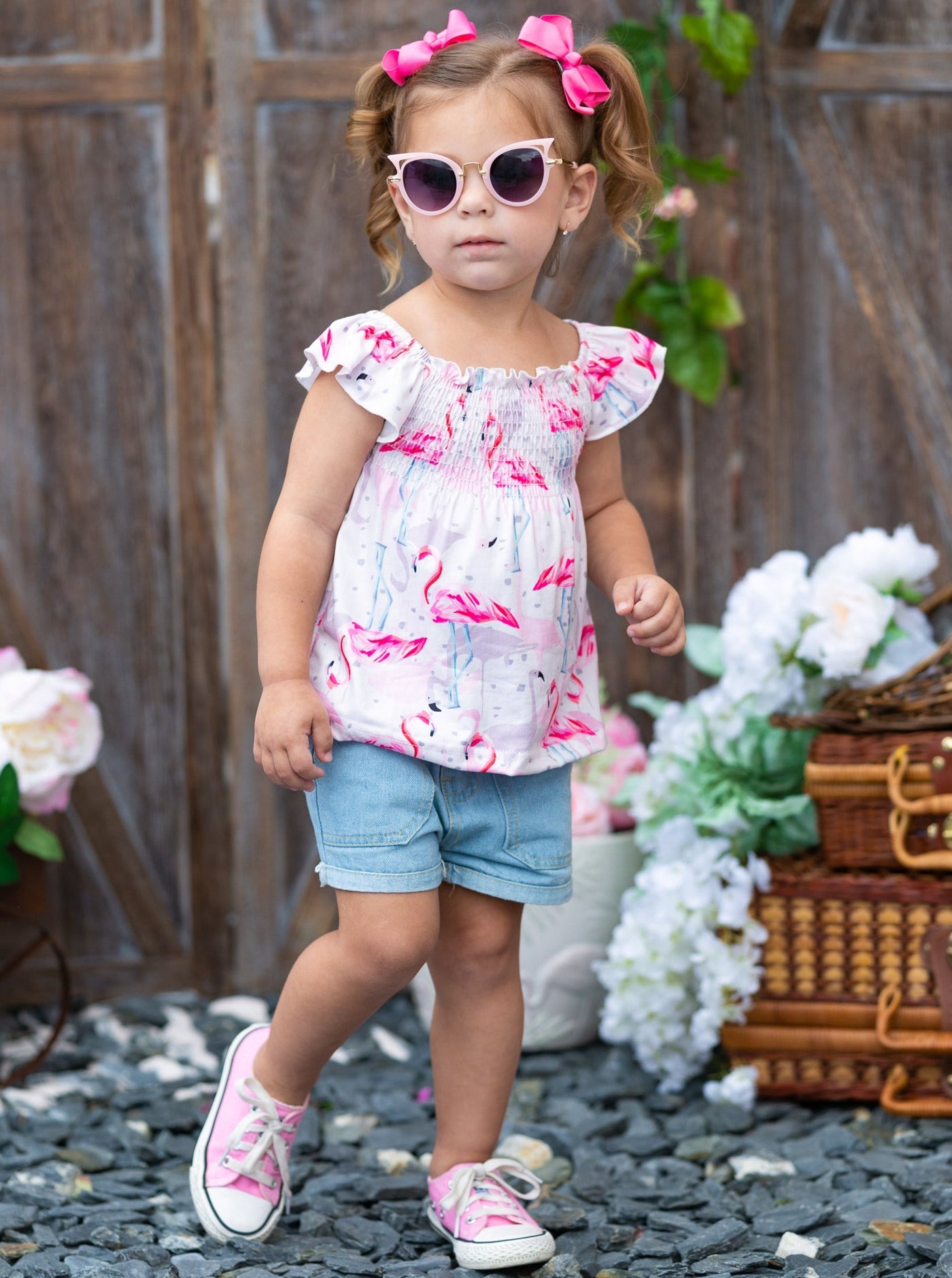 Kids Spring Clothes | Girls Flamingo Smocked Top & Jeans Shorts Set 
