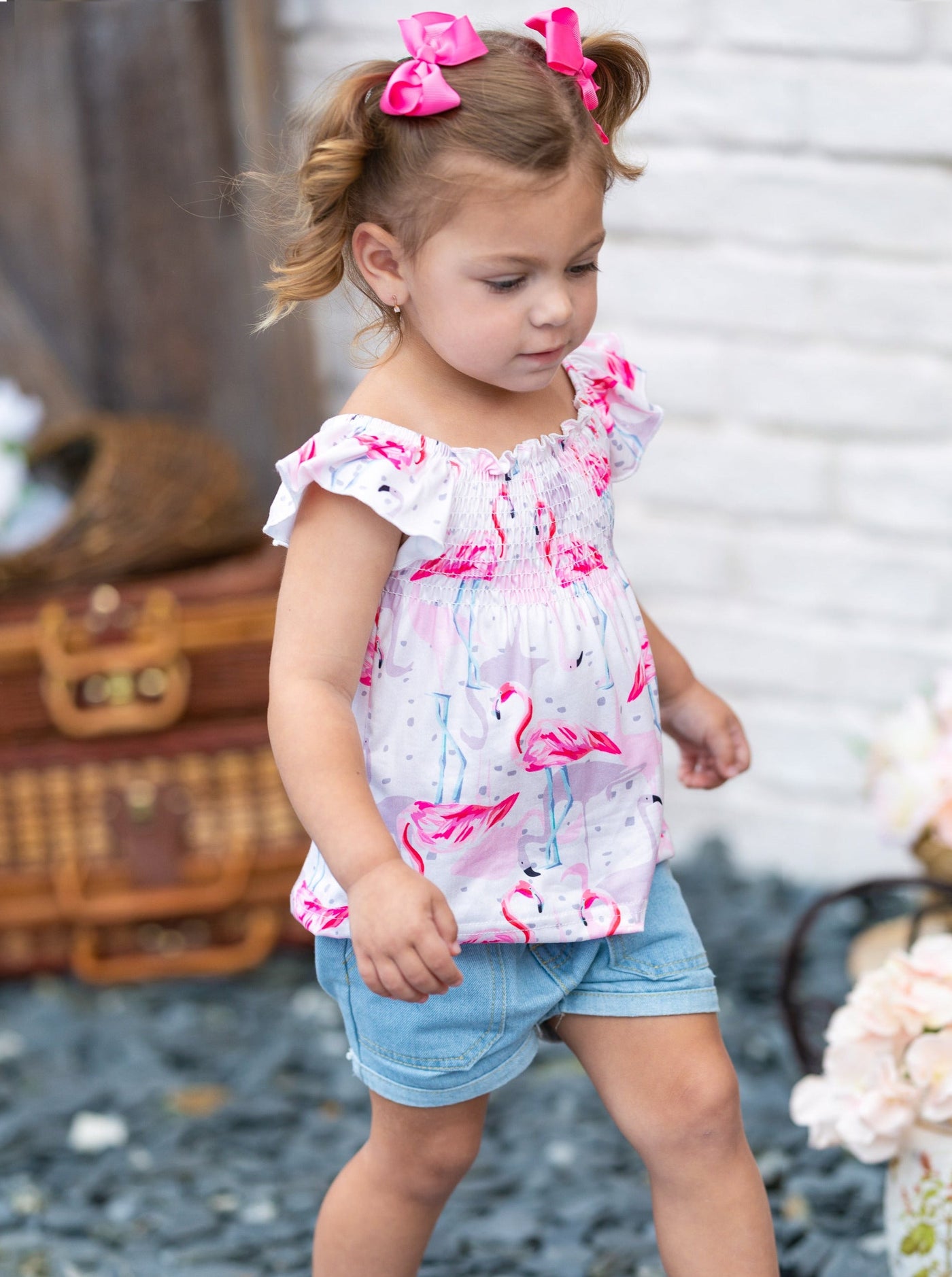 Kids Spring Clothes | Girls Flamingo Smocked Top & Jeans Shorts Set 