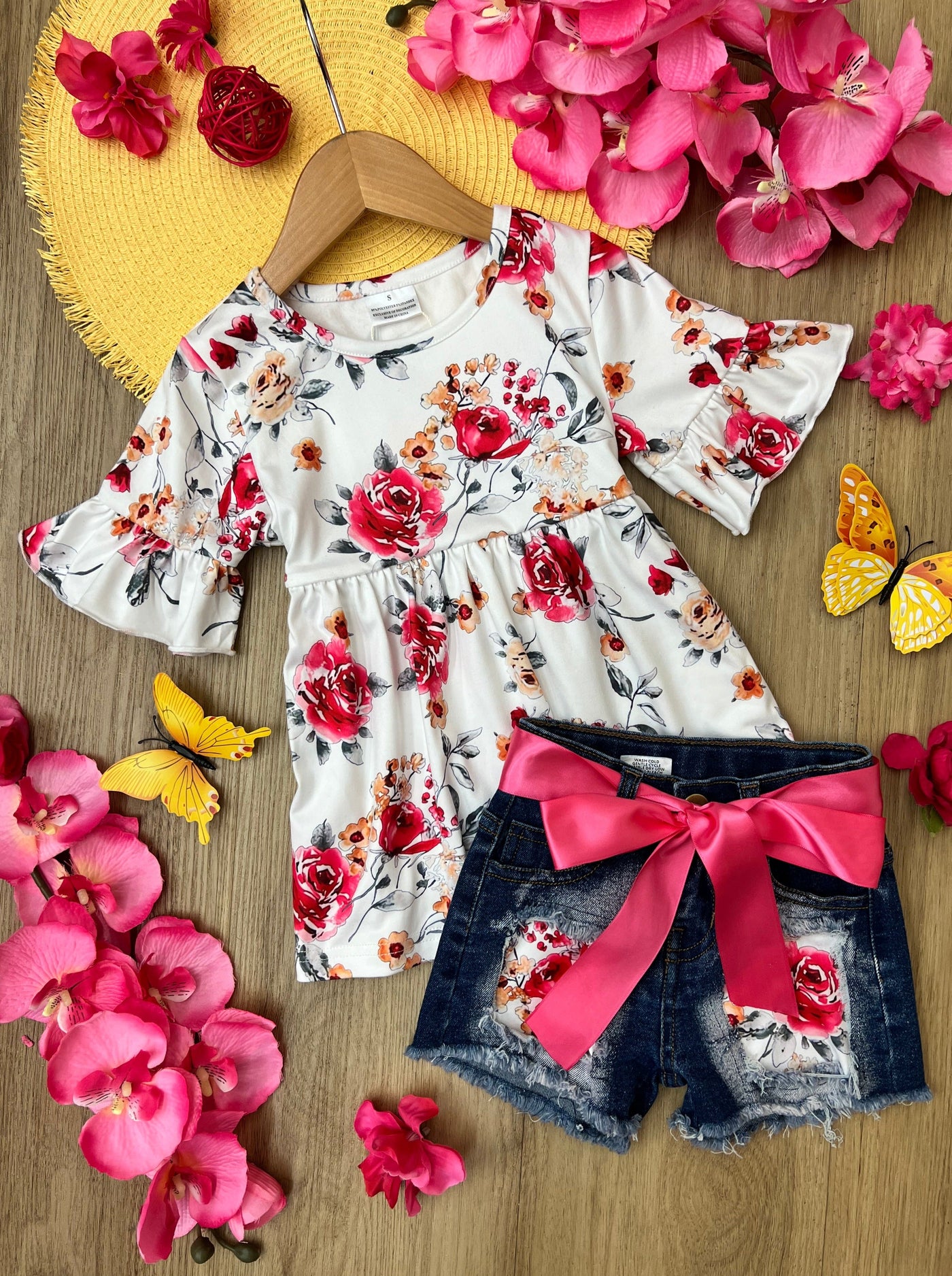 Toddler Spring Outfits | Girls Floral Top & Patched Denim Shorts Set