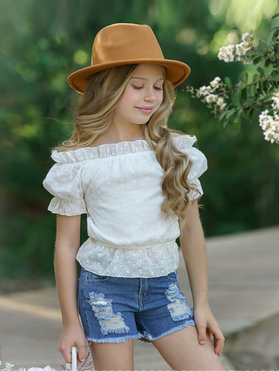 Kids Spring Fashion | Girls Eyelet Ruffle Top & Denim Shorts Set