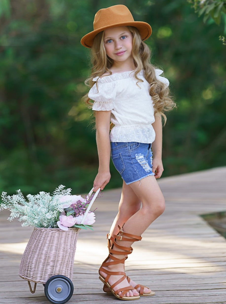Kids Spring Fashion | Girls Eyelet Ruffle Top & Denim Shorts Set