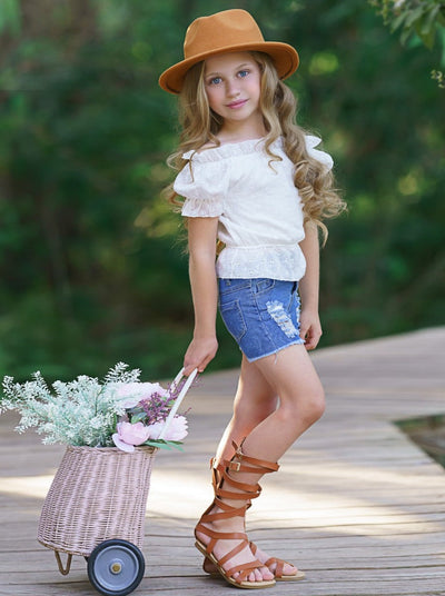 Kids Spring Fashion | Girls Eyelet Ruffle Top & Denim Shorts Set
