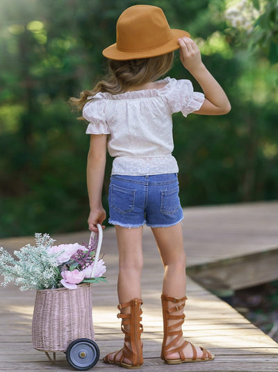 Kids Spring Fashion | Girls Eyelet Ruffle Top & Denim Shorts Set