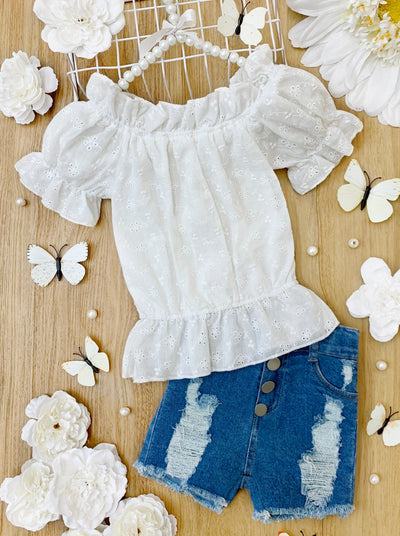 Kids Spring Fashion | Girls Eyelet Ruffle Top & Denim Shorts Set