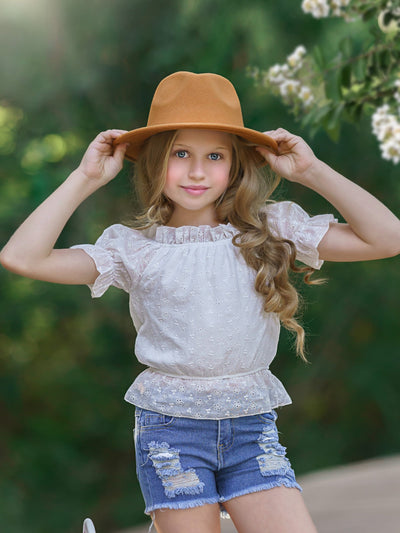 Kids Spring Fashion | Girls Eyelet Ruffle Top & Denim Shorts Set