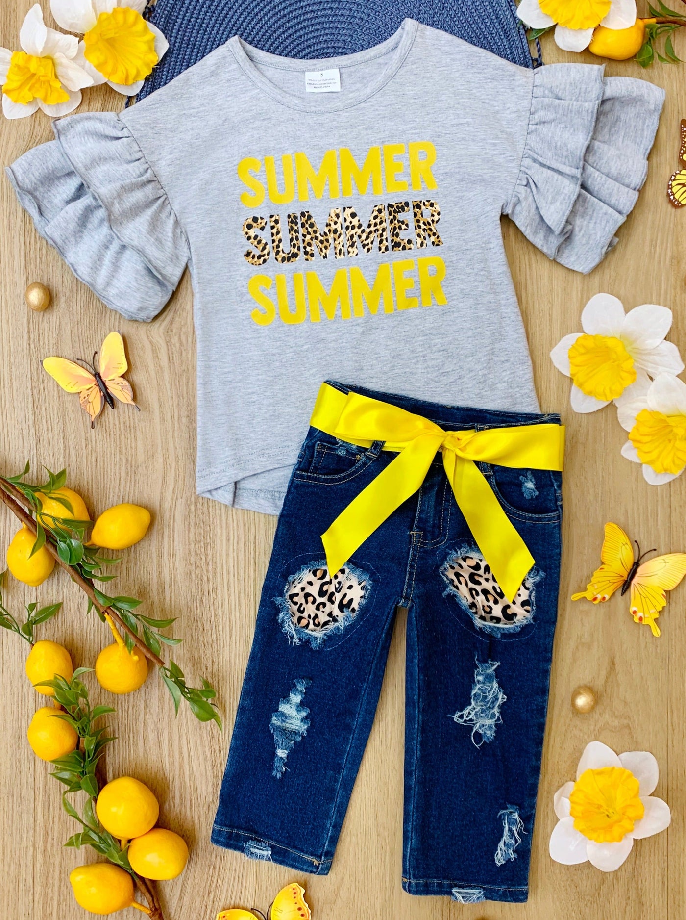 Little Girls Outfits | Ruffle Sleeve Summer Tee & Patched Jeans Set