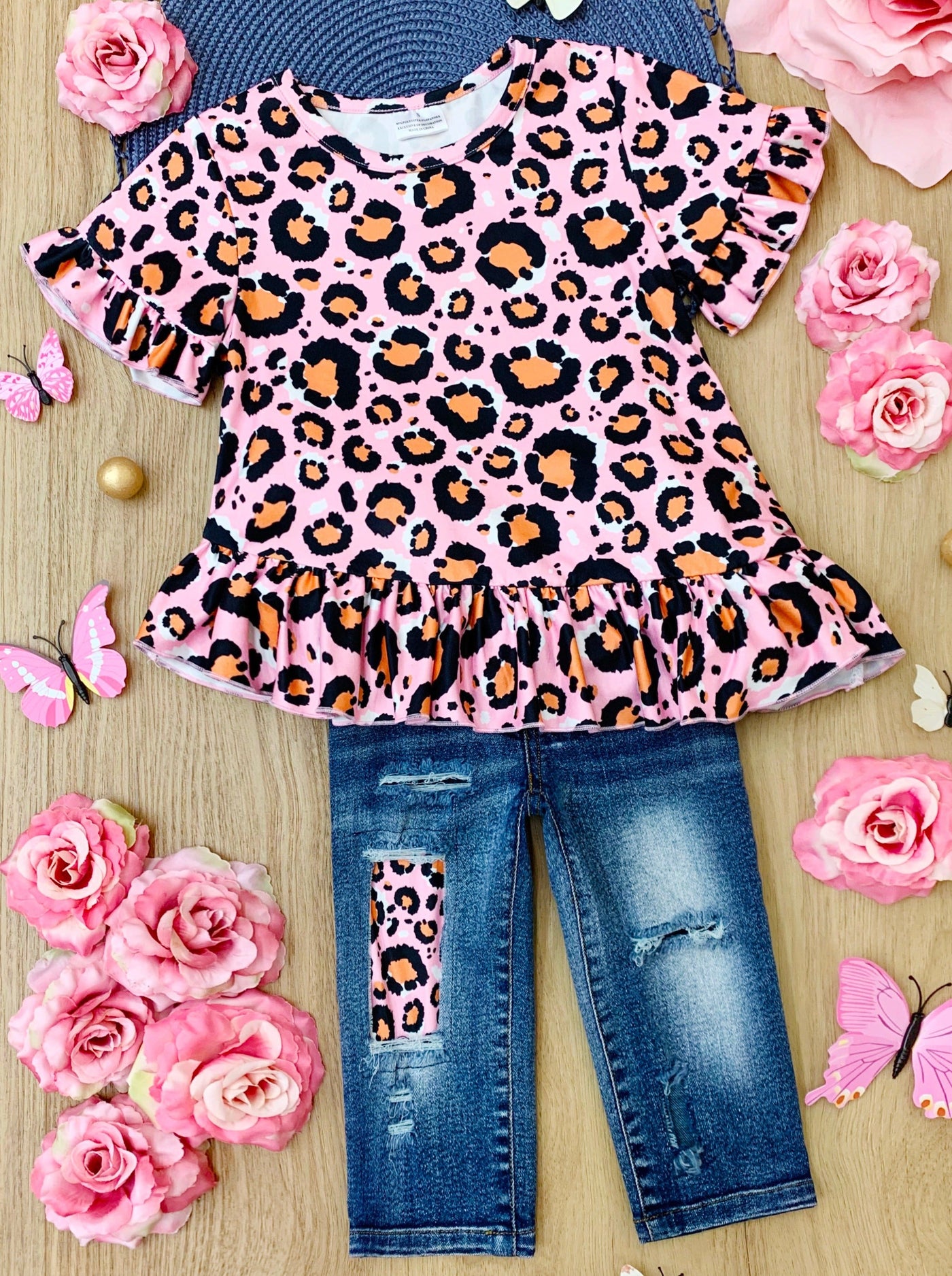 Kids Spring Clothes | Girls Leopard Tunic & Patched Jean Capris Set
