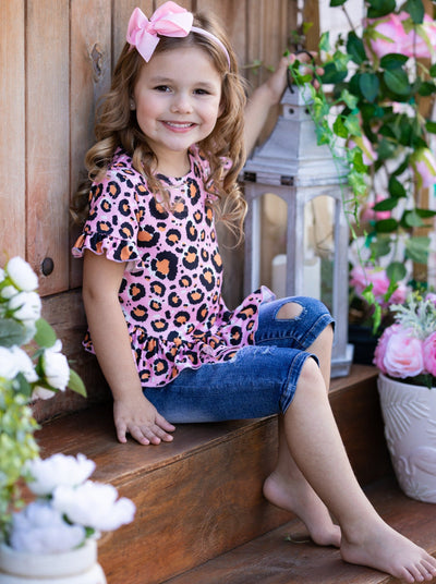 Kids Spring Clothes | Girls Leopard Tunic & Patched Jean Capris Set