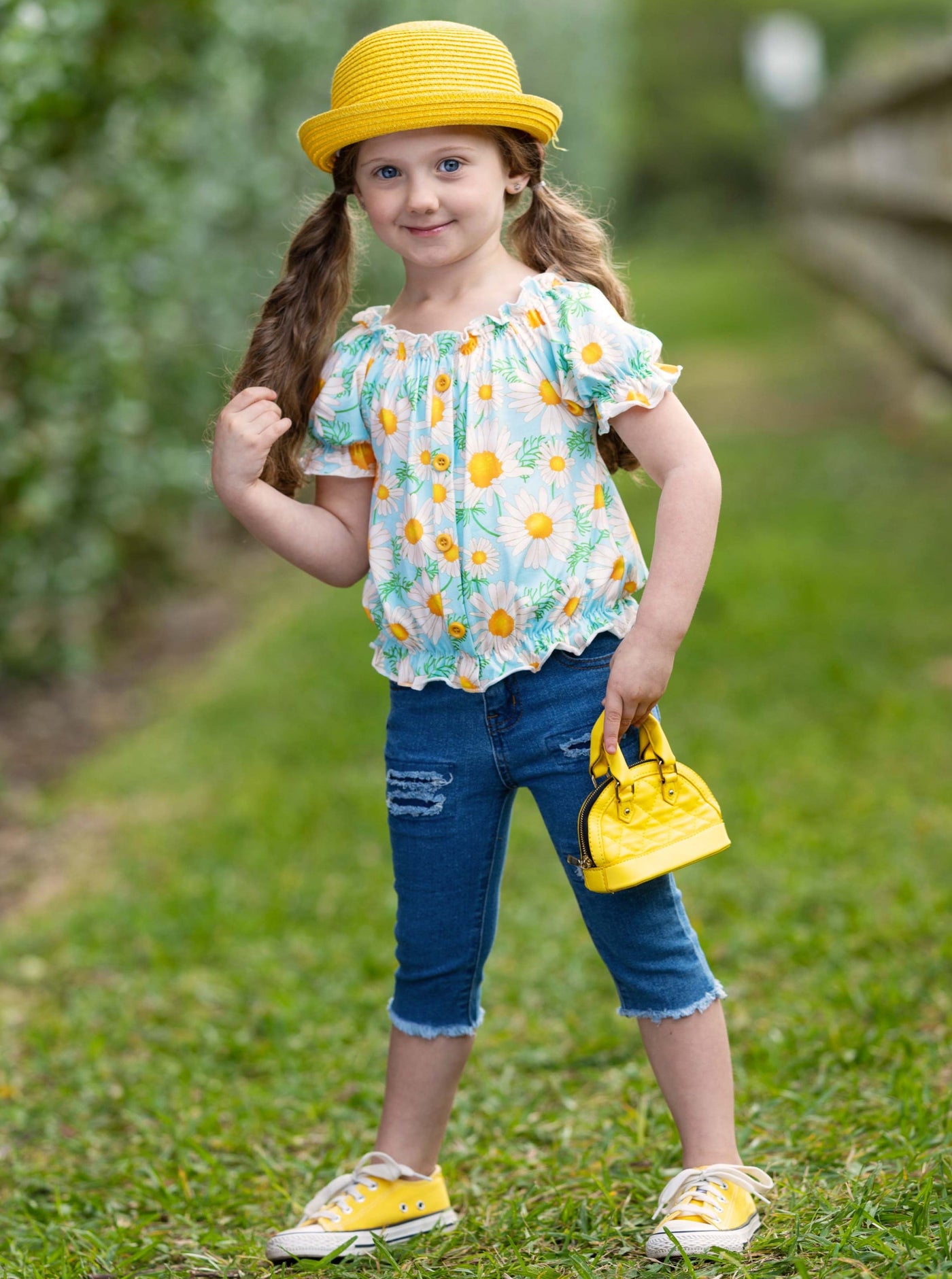 Kids Spring Clothes | Little Girls Daisy Smock Top & Denim Capris Set