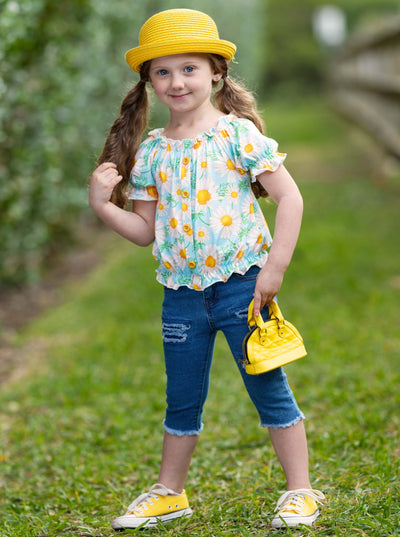 Kids Spring Clothes | Little Girls Daisy Smock Top & Denim Capris Set