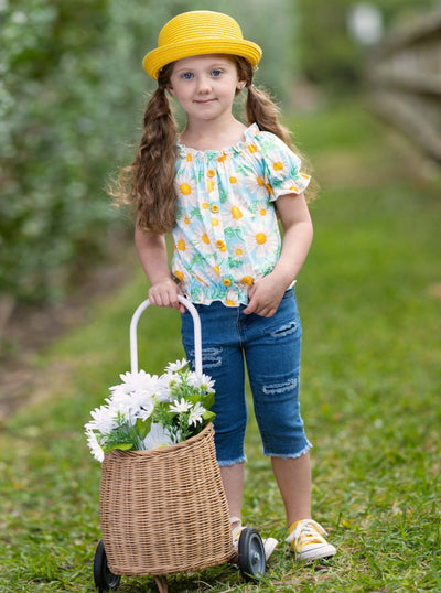 Kids Spring Clothes | Little Girls Daisy Smock Top & Denim Capris Set