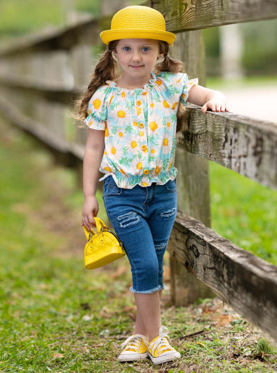 Kids Spring Clothes | Little Girls Daisy Smock Top & Denim Capris Set