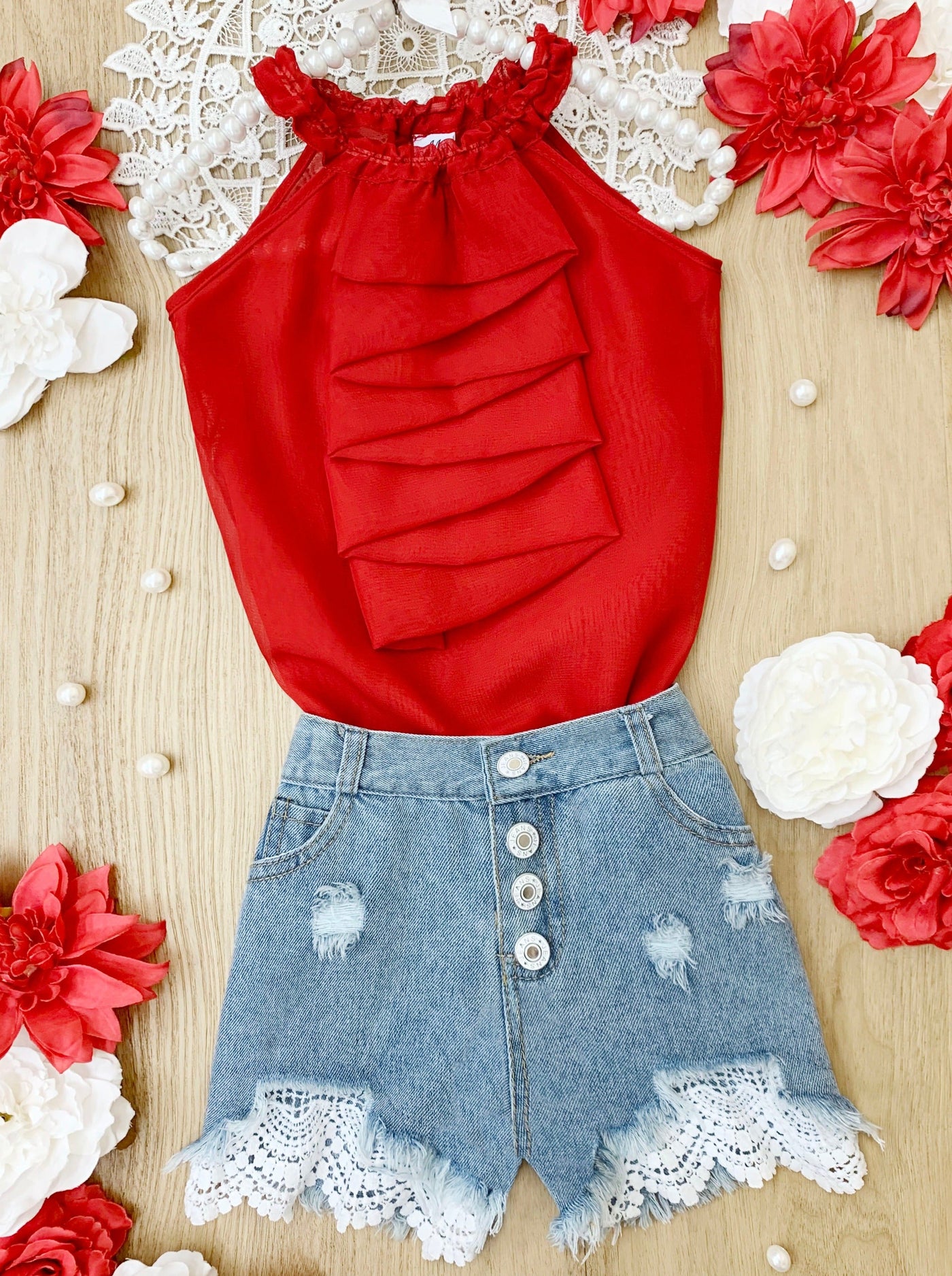 Girls Spring Outfits | Cascading Ruffle Halter Top & Denim Shorts Set