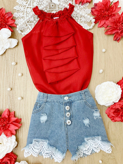 Girls Spring Outfits | Cascading Ruffle Halter Top & Denim Shorts Set