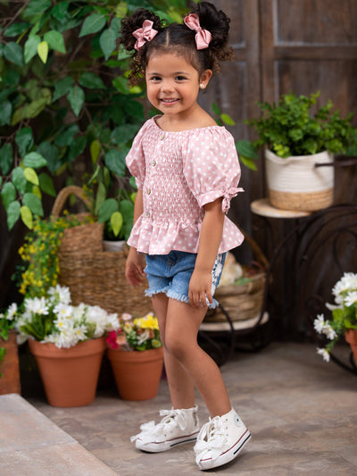 Girls Spring Outfits | Polka Dot Ruffle Top & Lace Lined Shorts Set 