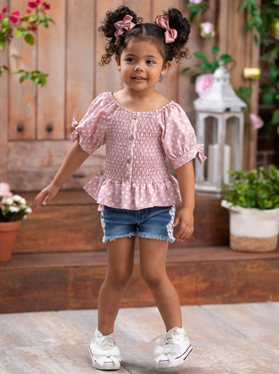 Girls Spring Outfits | Polka Dot Ruffle Top & Lace Lined Shorts Set 
