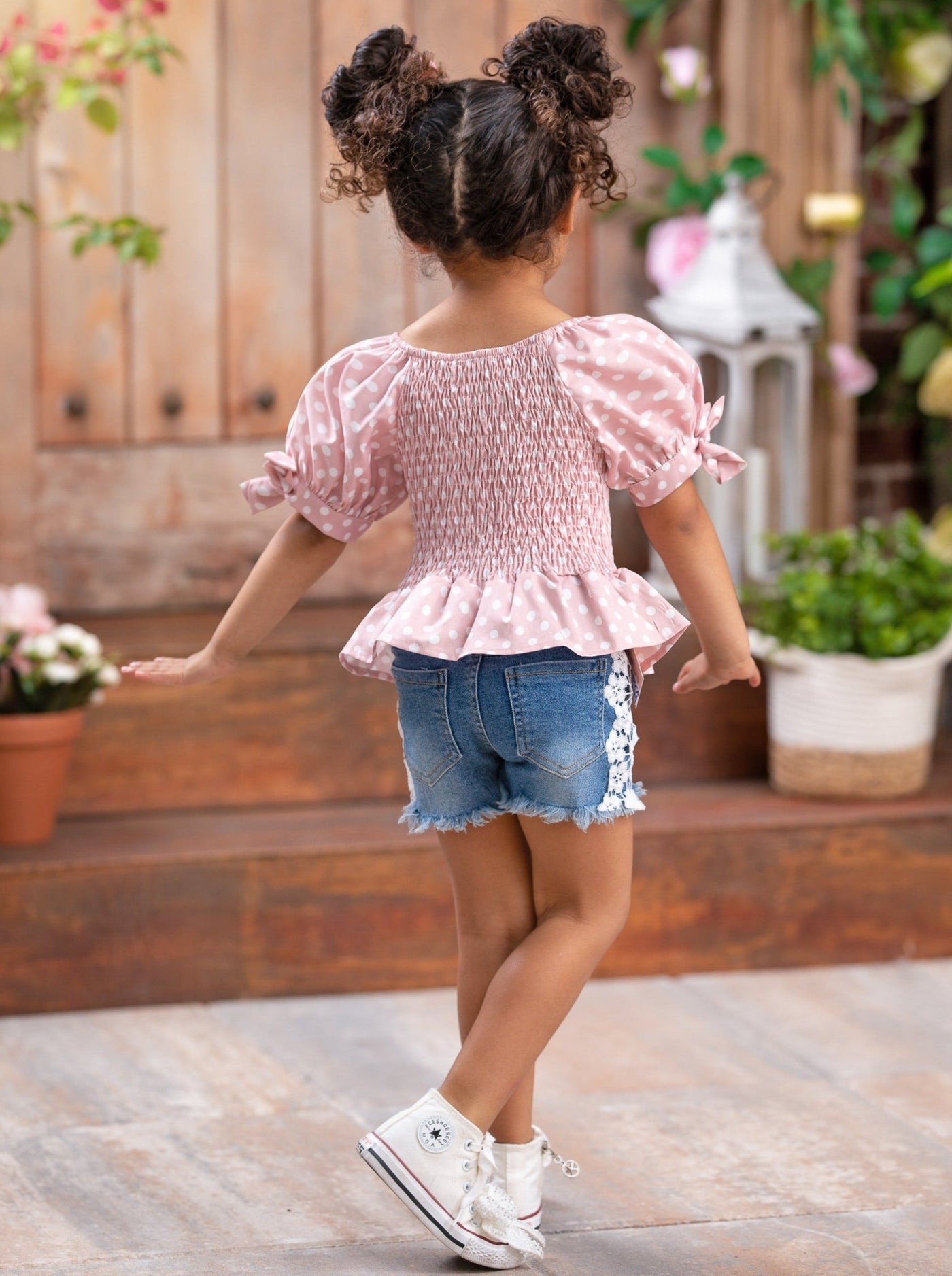 Girls Spring Outfits | Polka Dot Ruffle Top & Lace Lined Shorts Set 