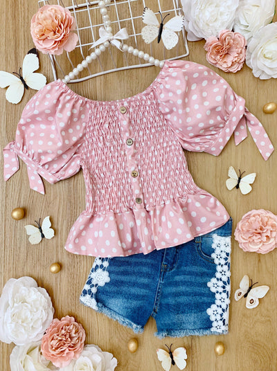 Girls Spring Outfits | Polka Dot Ruffle Top & Lace Lined Shorts Set 